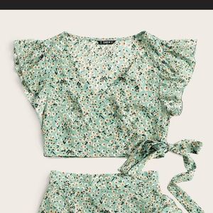Ruffle Trim, Floral, Wrap Skirt and Shirt Set